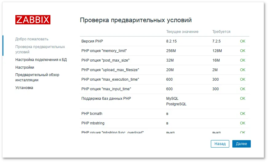 Zabbix. Страница проверки предварительных условий